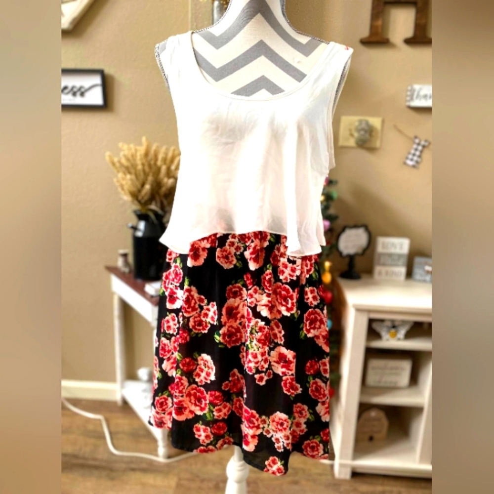 Charlotte Russe Large floral dress with white sheer blouse top. One piece